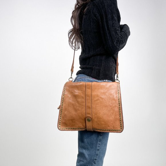 CONSTANZA ROTA CARMEL ITALIAN GENUIN LEATHER MESSENGER BAG Cognac - Picture 1 of 13